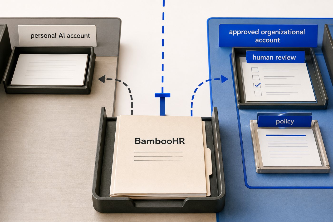 Work data moving through a personal AI account illustrates the policy and employer-visibility gap reported in BambooHR’s survey.