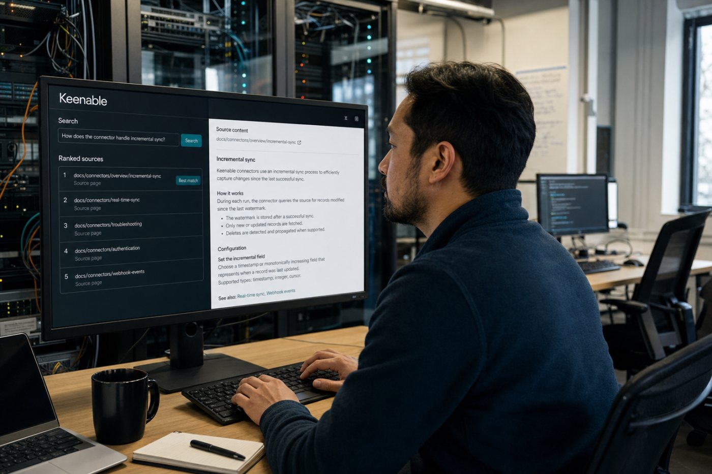 A Keenable agent query returns ranked web pages and cleaned source content for a live task.