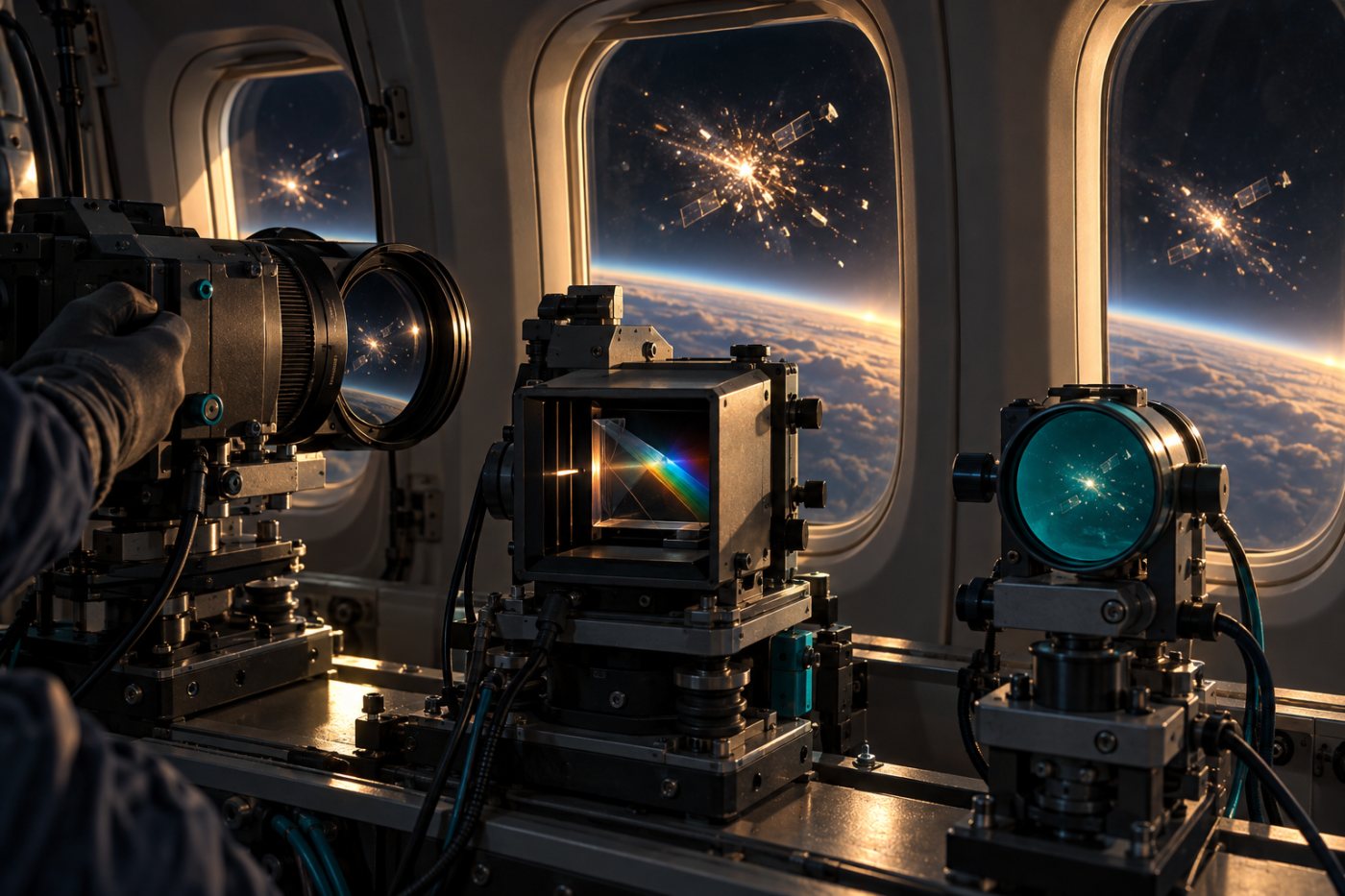 Kameras und Spektrometer erfassen gleichzeitig, wie ein Cluster-Satellit in zahlreiche leuchtende Fragmente zerfällt.