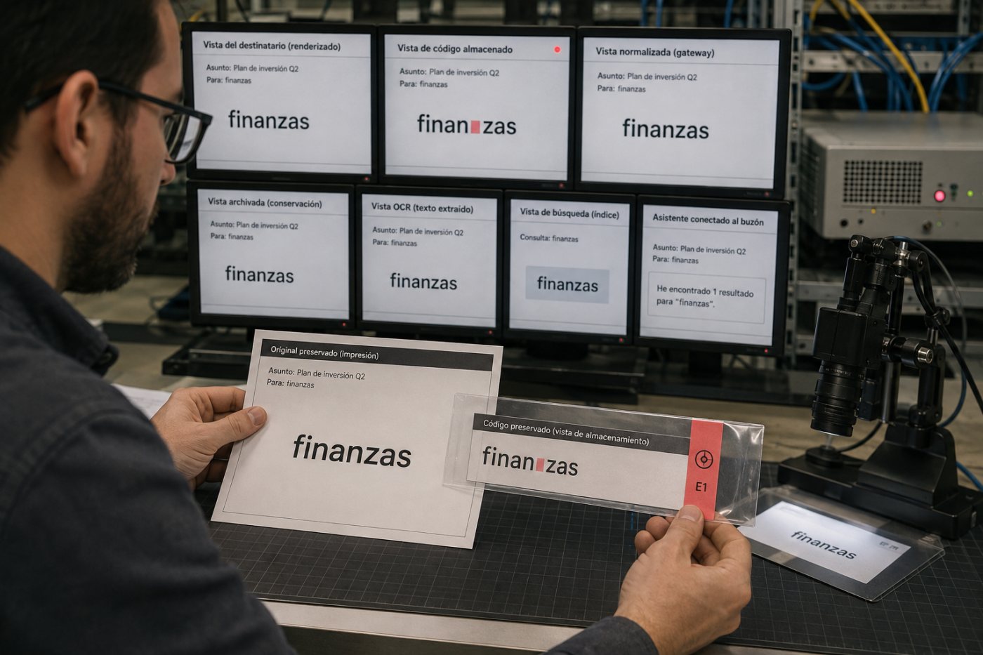 Prueba de un correo manipulado a través de normalización, archivo, OCR, búsqueda, tokenización y un asistente conectado.
