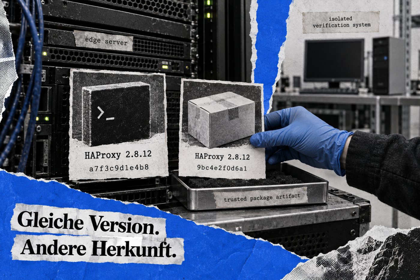 Integritätsprüfung zeigt unterschiedliche Hashwerte bei zwei als HAProxy 2.8.12 ausgewiesenen Binärprogrammen.