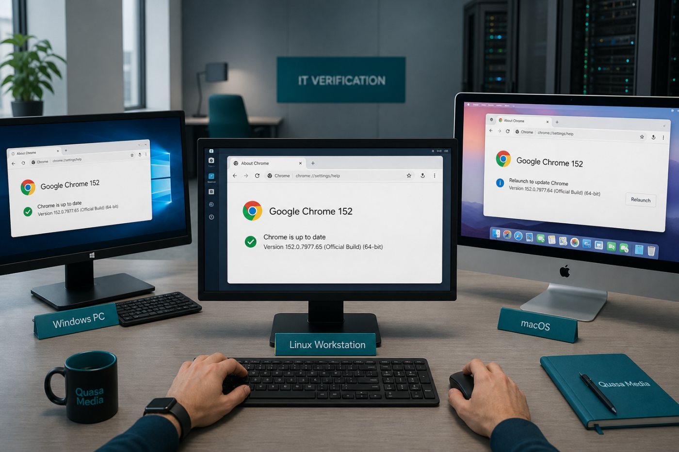 Windows, macOS और Linux पर Chrome 152 की सही पूर्ण संस्करण संख्या तथा पुनःआरंभ की जांच