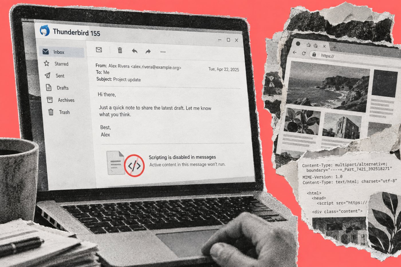 Pembacaan email biasa di Thunderbird tetap tanpa scripting, terpisah dari konteks pemrosesan mirip peramban.