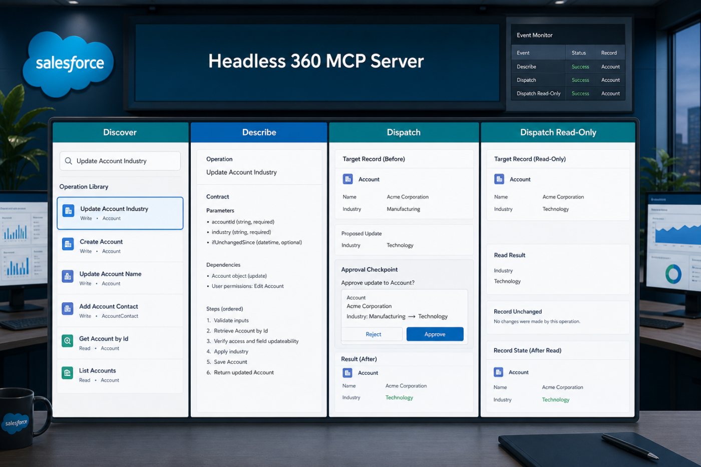 Headless 360 MCP Server’ın Discover, Describe, Dispatch ve salt okunur Dispatch aşamaları