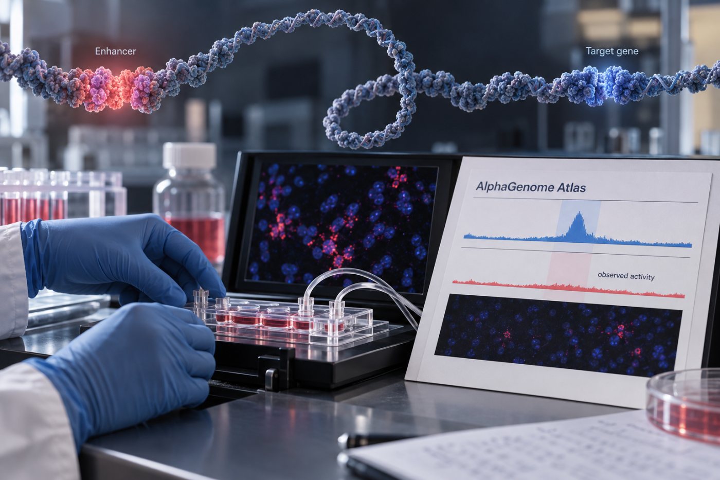 A distant enhancer experiment tests a regulatory effect that AlphaGenome may not fully capture.