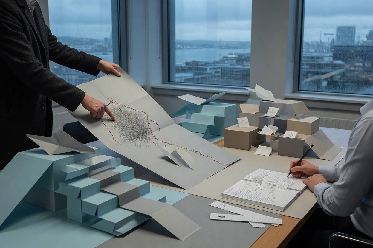Investor and business planner reviewing IMF economic outlook documents