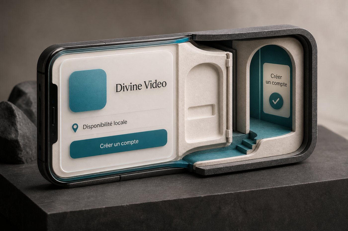 Vérification locale de Divine Video dans une boutique mobile avant une inscription sans code d’invitation.