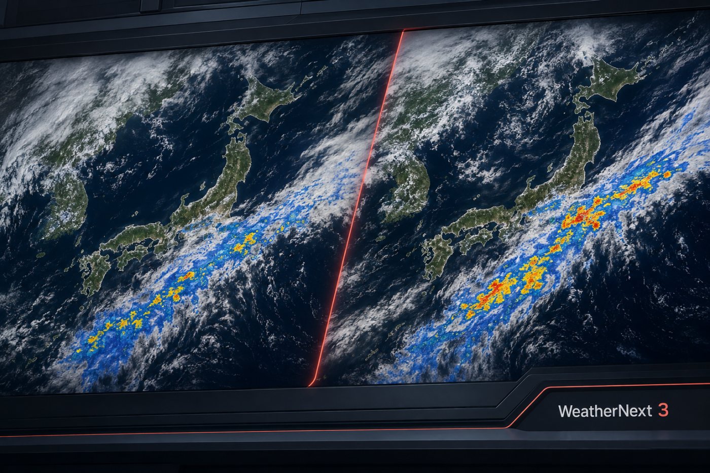 WeatherNext 3が最新の衛星観測を取り込み、日本付近の前線と雨域を毎時更新する過程