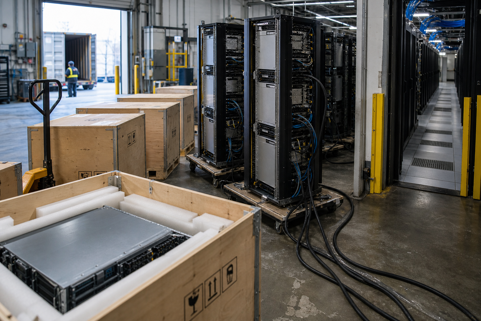 Server racks and shipping crates representing AI infrastructure deployment