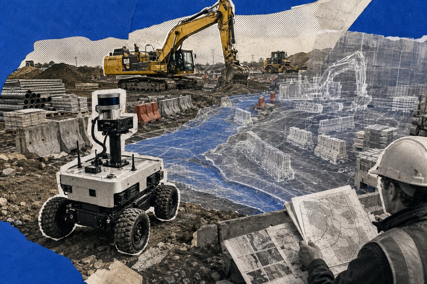 Robot tự chủ quan sát công trường biến động quanh thiết bị Caterpillar để cập nhật trạng thái vận hành.