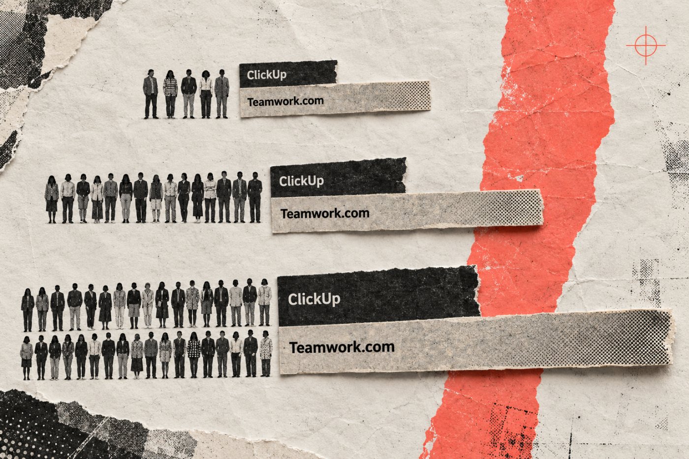 ClickUp Unlimitedi ja Teamwork Basicsi aastakulud viie, viieteistkümne ning kolmekümne tasulise kasutajakoha korral.
