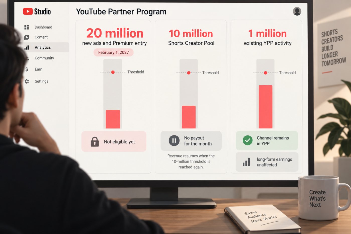 A Shorts creator compares separate thresholds for YPP entry, channel activity, and monthly Shorts revenue.