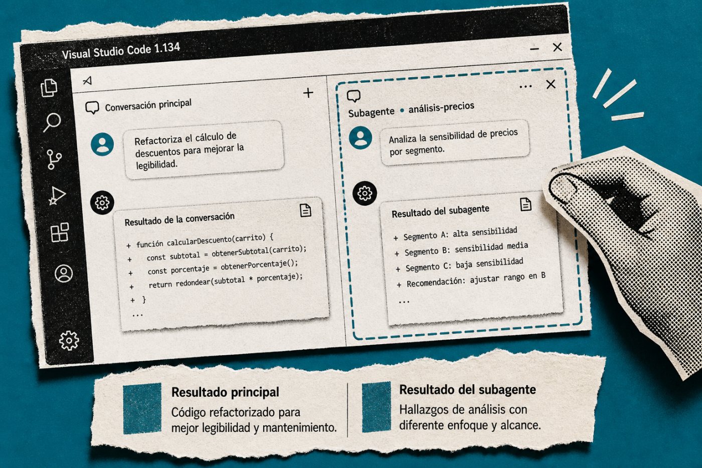 Una sesión de VS Code 1.134 compara un chat principal y el trabajo de un subagente en grupos contiguos.