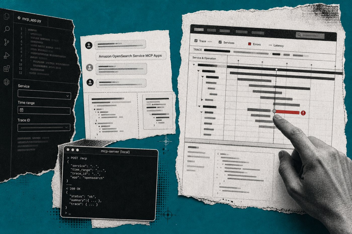 مسار طلب Amazon OpenSearch Service MCP Apps من بيئة التطوير عبر الخادم المحلي حتى عودة الملخص والتتبع التفاعلي