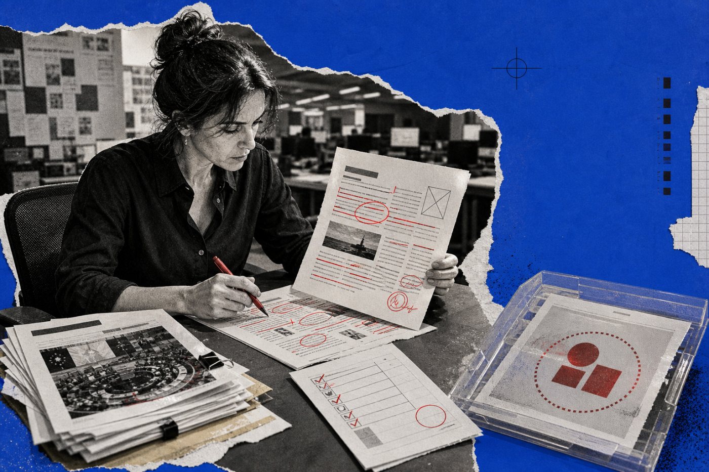 A newsroom editor substantively reviews AI-assisted public-interest text while an unreviewed draft remains subject to disclosure.