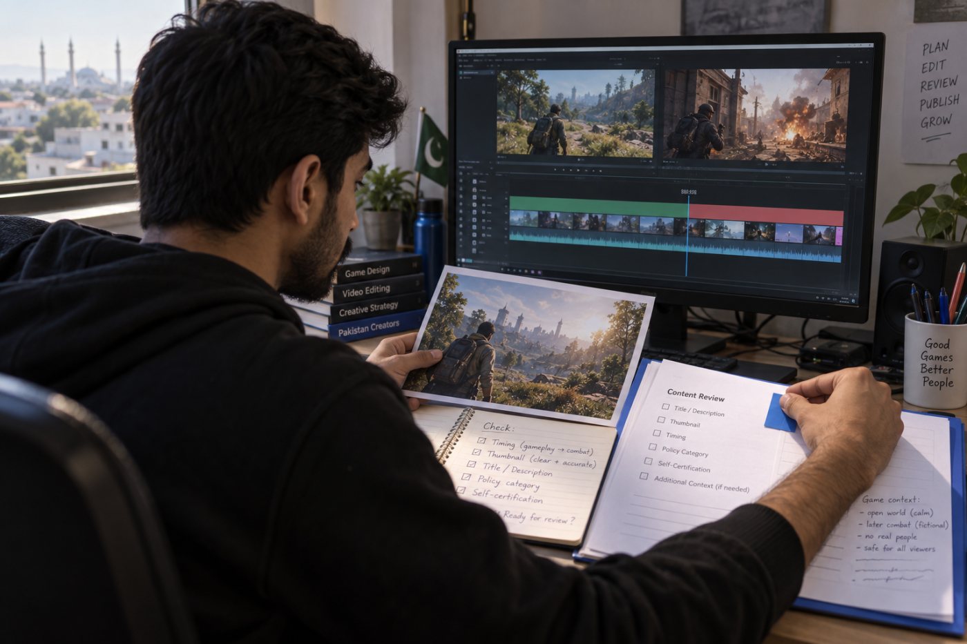 YouTube gaming upload کے timeline، thumbnail، metadata اور review notes کی مشترکہ جانچ