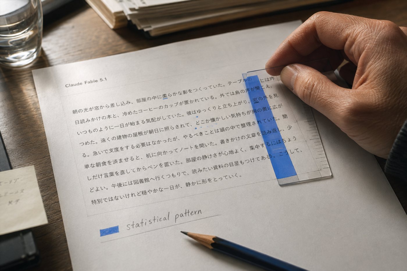 Claude Fable 5.1が通常の文章を生成し、追加文字ではなく語の選択から統計的パターンが確認される工程