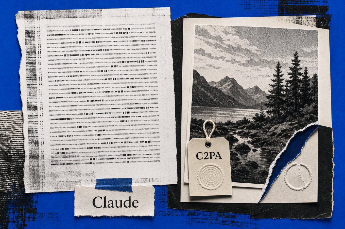 Claude text carries an embedded mark while a supported generated file carries signed provenance metadata affected by later alteration.
