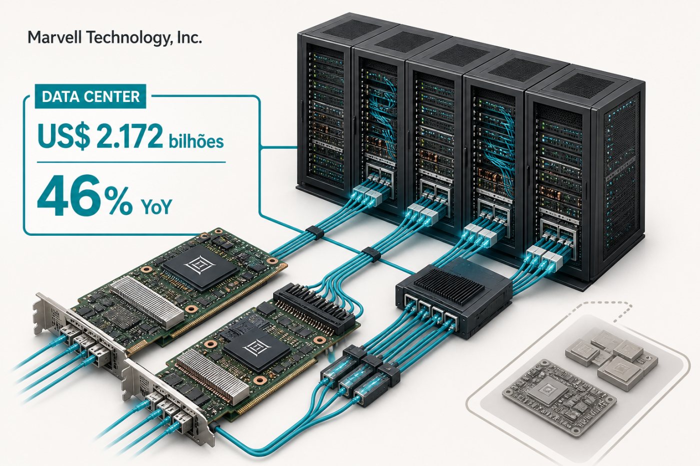 Infraestrutura de data centers associada à Marvell, segmento que cresceu 46% e gerou US$ 2,172 bilhões.