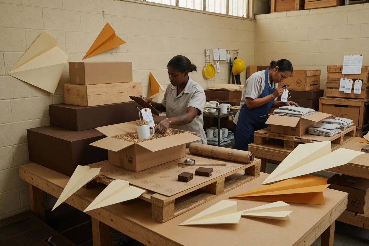 Workers reviewing prices on products in a manufacturing plant