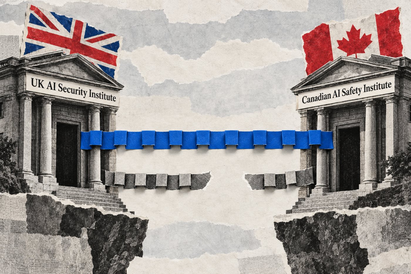 The UK and Canadian AI institutes linked by regular exchanges, with coordinated evaluations shown as a separate possibility