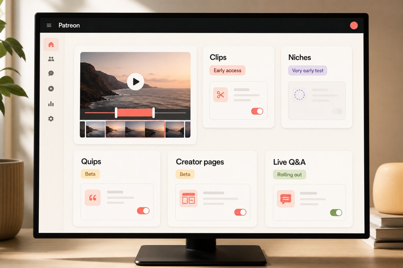 Patreon creator features separated into early-access, beta, rolling-out and test states.