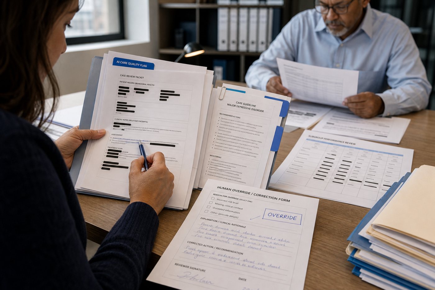 Reviewers trace an Onos Health care-quality flag to its evidence while checking bias, human override and error correction.