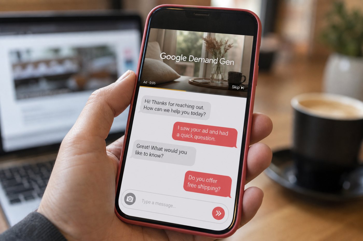 A YouTube Demand Gen ad leads directly to a messaging conversation with the brand.