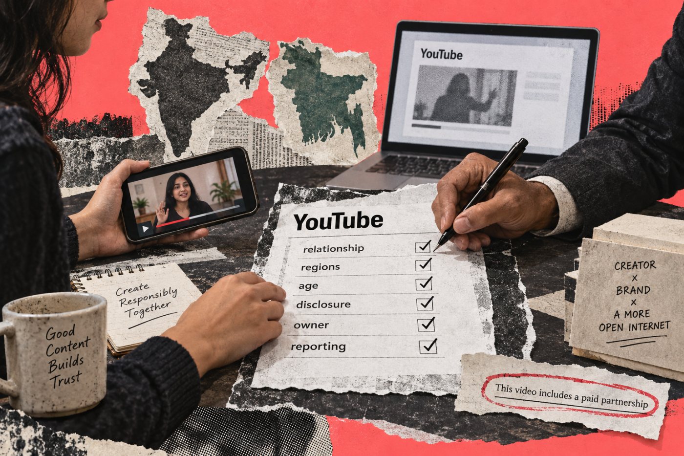 YouTube sponsorship upload-এর আগে creator ও brand একই brief-এ disclosure, লক্ষ্যদেশ, minimum age ও reporting audience চূড়ান্ত করছে।