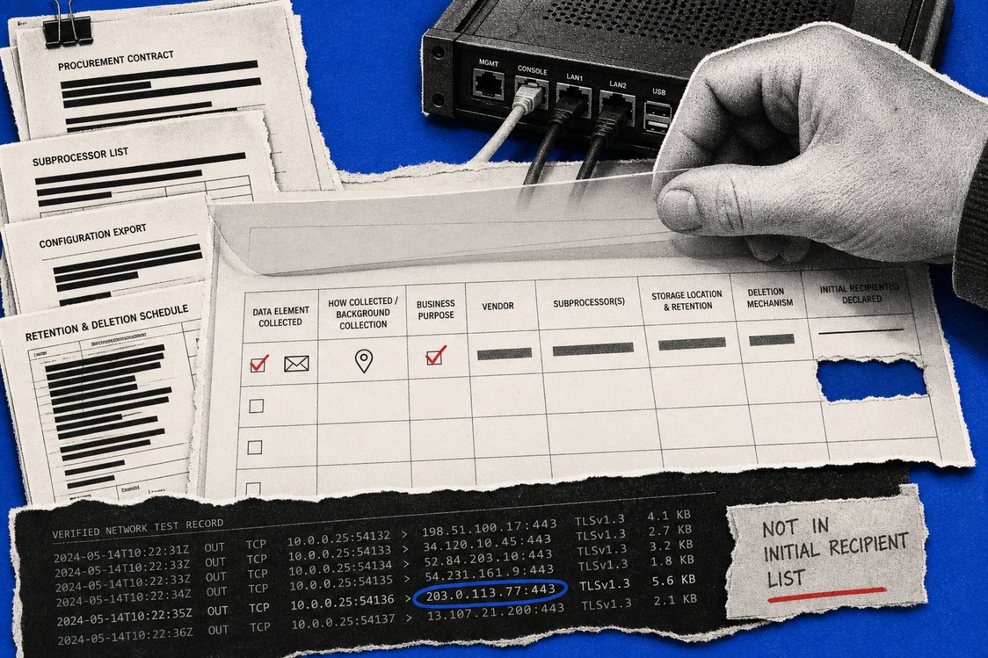 An employer’s data-flow audit traces an enabled monitoring feature to a previously unlisted third-party recipient and its retention terms.
