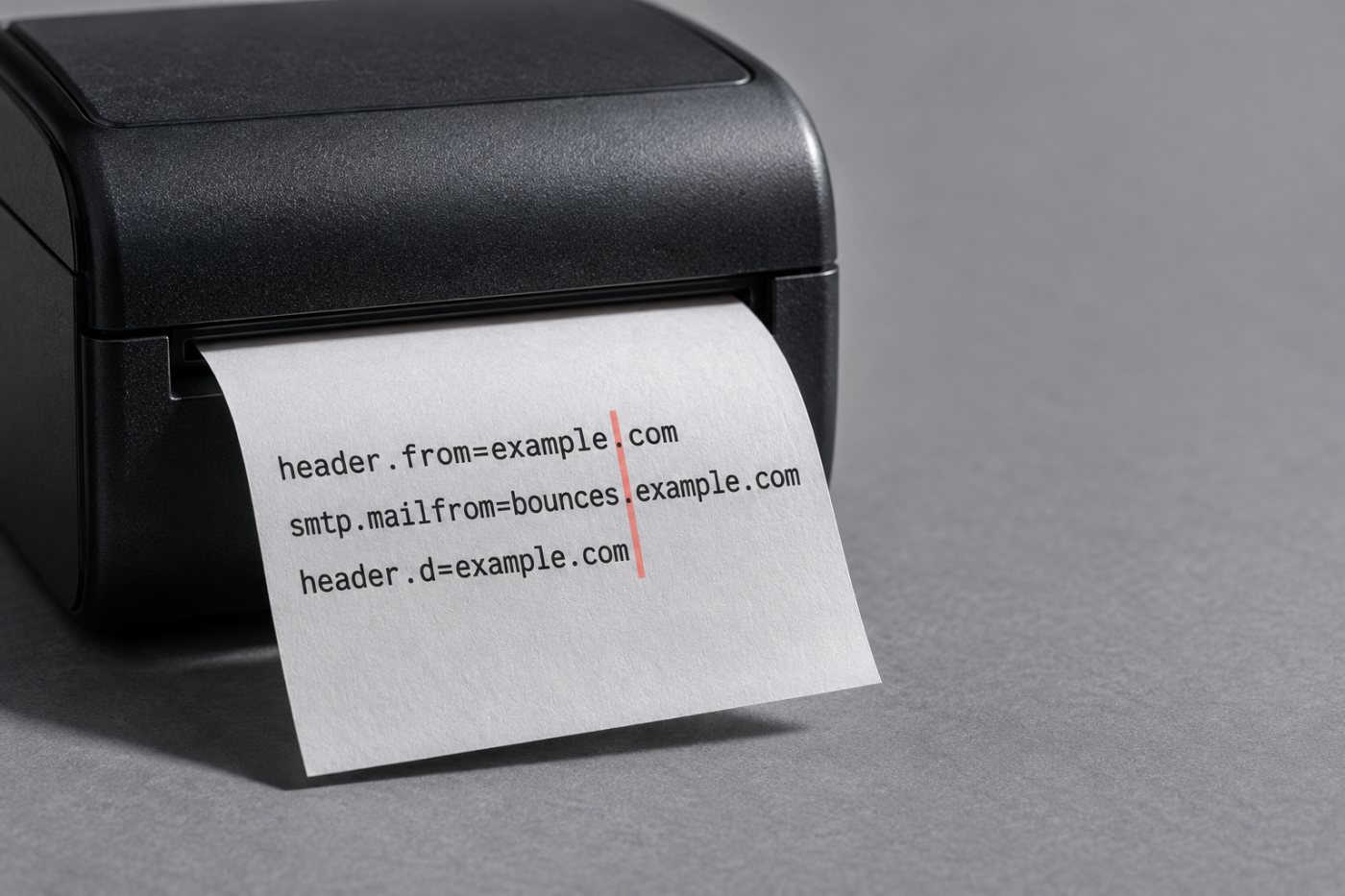 Header email menunjukkan domain From, MAIL FROM, dan tanda tangan DKIM untuk memeriksa penyelarasan DMARC.