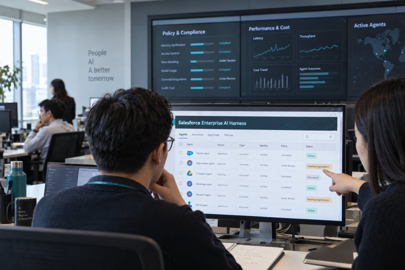 AI Control Plane이 Salesforce와 타사 에이전트의 신원·정책·성과·비용을 함께 관리하는 흐름