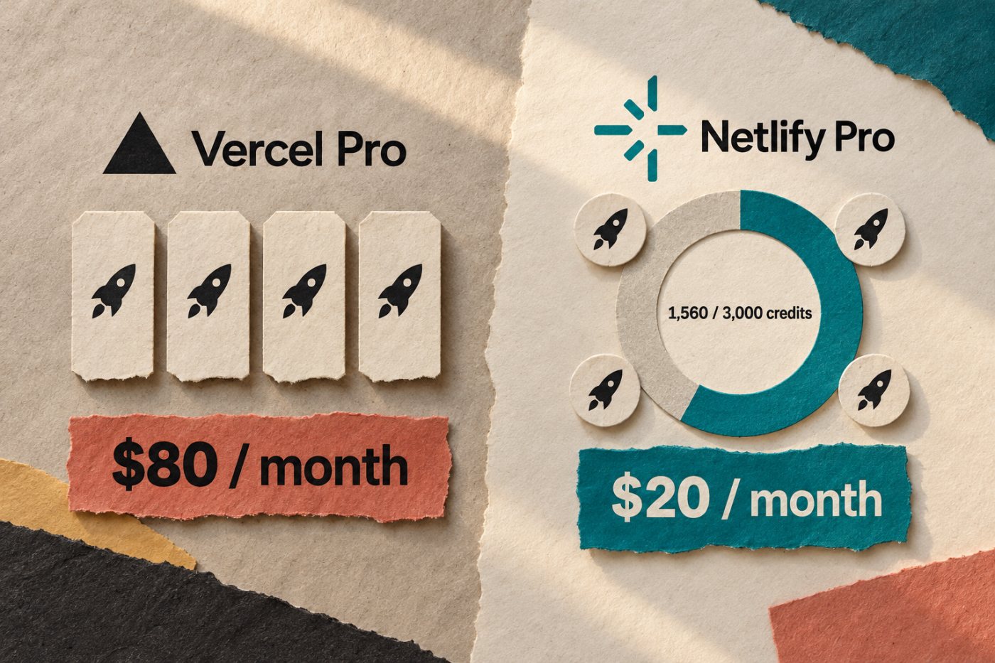 Bốn thành viên cùng triển khai: Netlify Pro dùng 1.560 trên 3.000 tín dụng, còn phí ghế Vercel Pro là 80 USD.