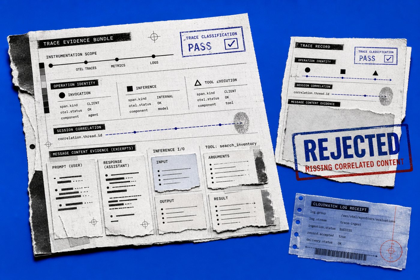 Validasi trace memeriksa scope, identitas operasi, korelasi sesi, isi pesan, serta data pemanggilan alat.