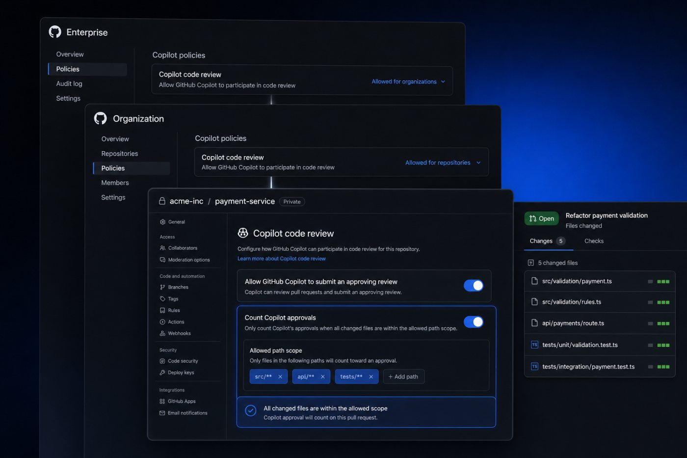 Quyền phê duyệt của Copilot được giới hạn từ enterprise đến organization, repository và các đường dẫn được phép