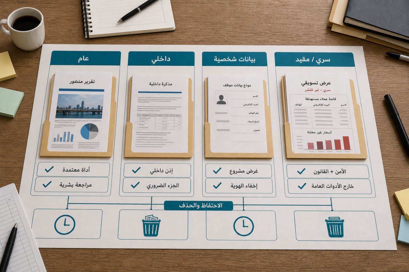 تصنيف وثائق العمل إلى عامة وداخلية وشخصية وسرية وربطها بمستويات مختلفة من الموافقة والمراجعة والاحتفاظ.