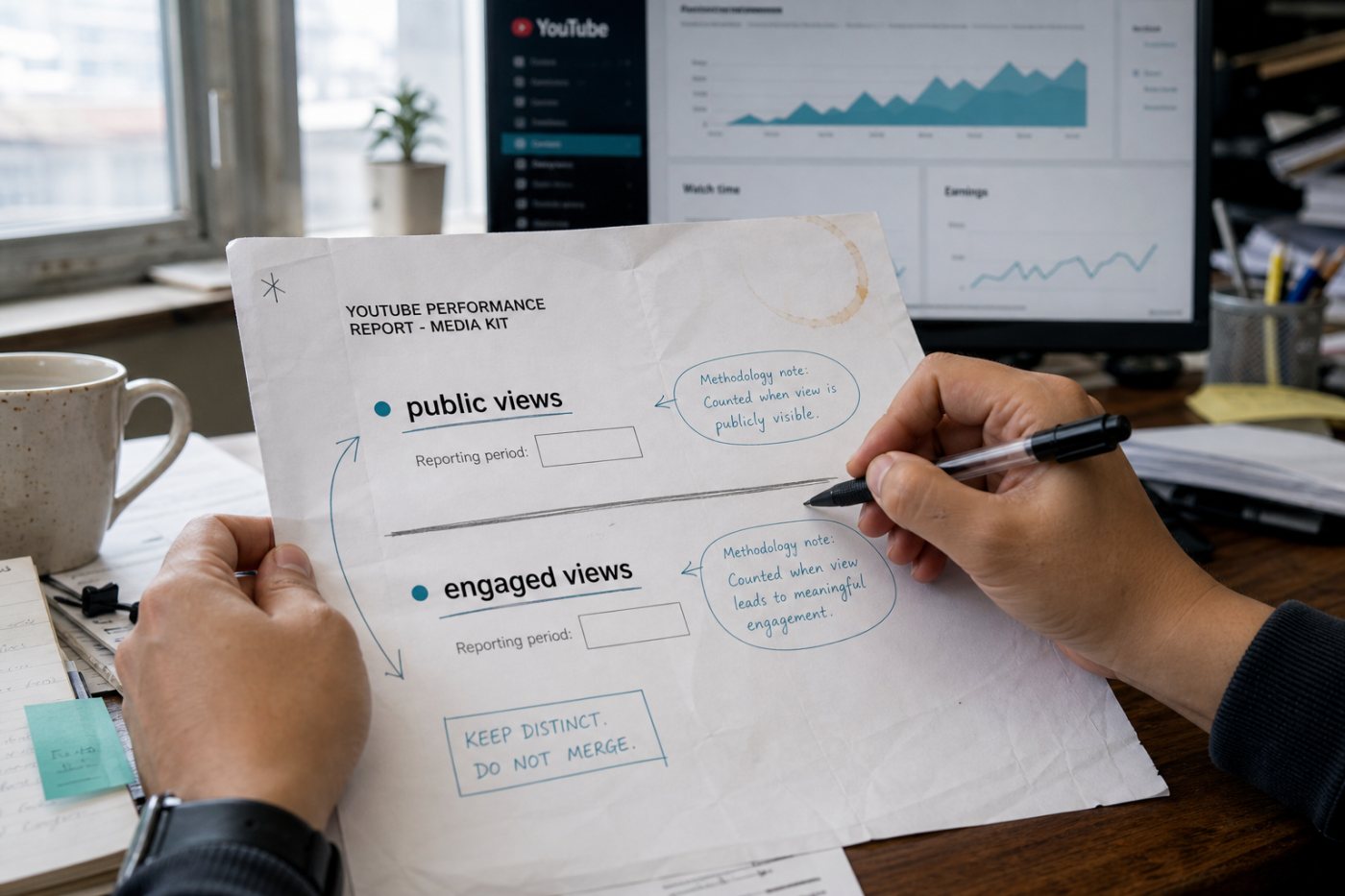 Media kit tài trợ tách public views và engaged views, kèm kỳ báo cáo và chú thích mốc đổi phương pháp.