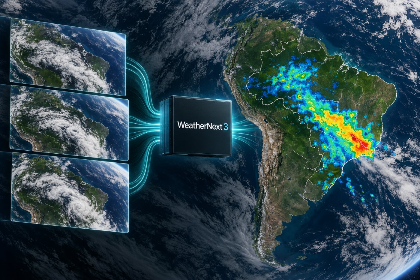 WeatherNext 3 transforma observações sucessivas de satélite sobre o Brasil em novas previsões meteorológicas a cada hora.