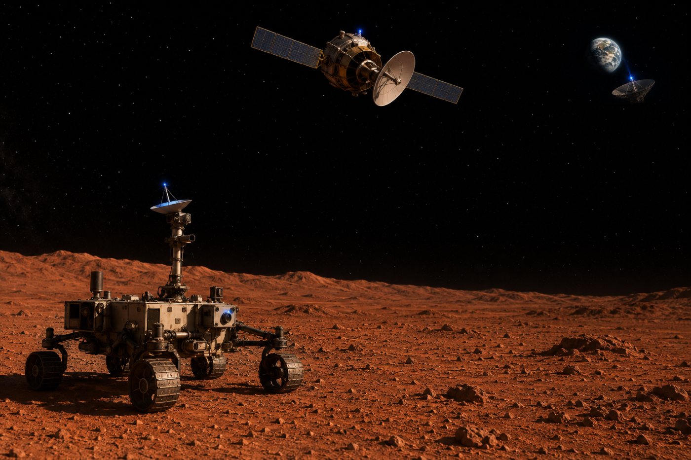 火星のローバーから周回中継機を経て地球局へデータが届く通信経路