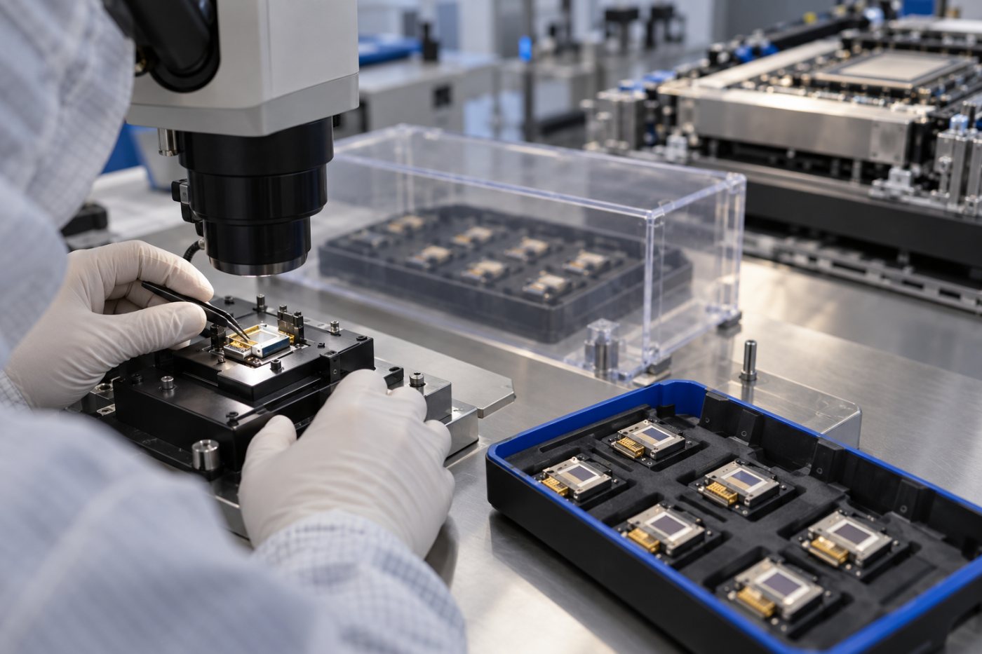 Ayar Labs optical components undergoing qualification before customer AI systems can begin production ramps.