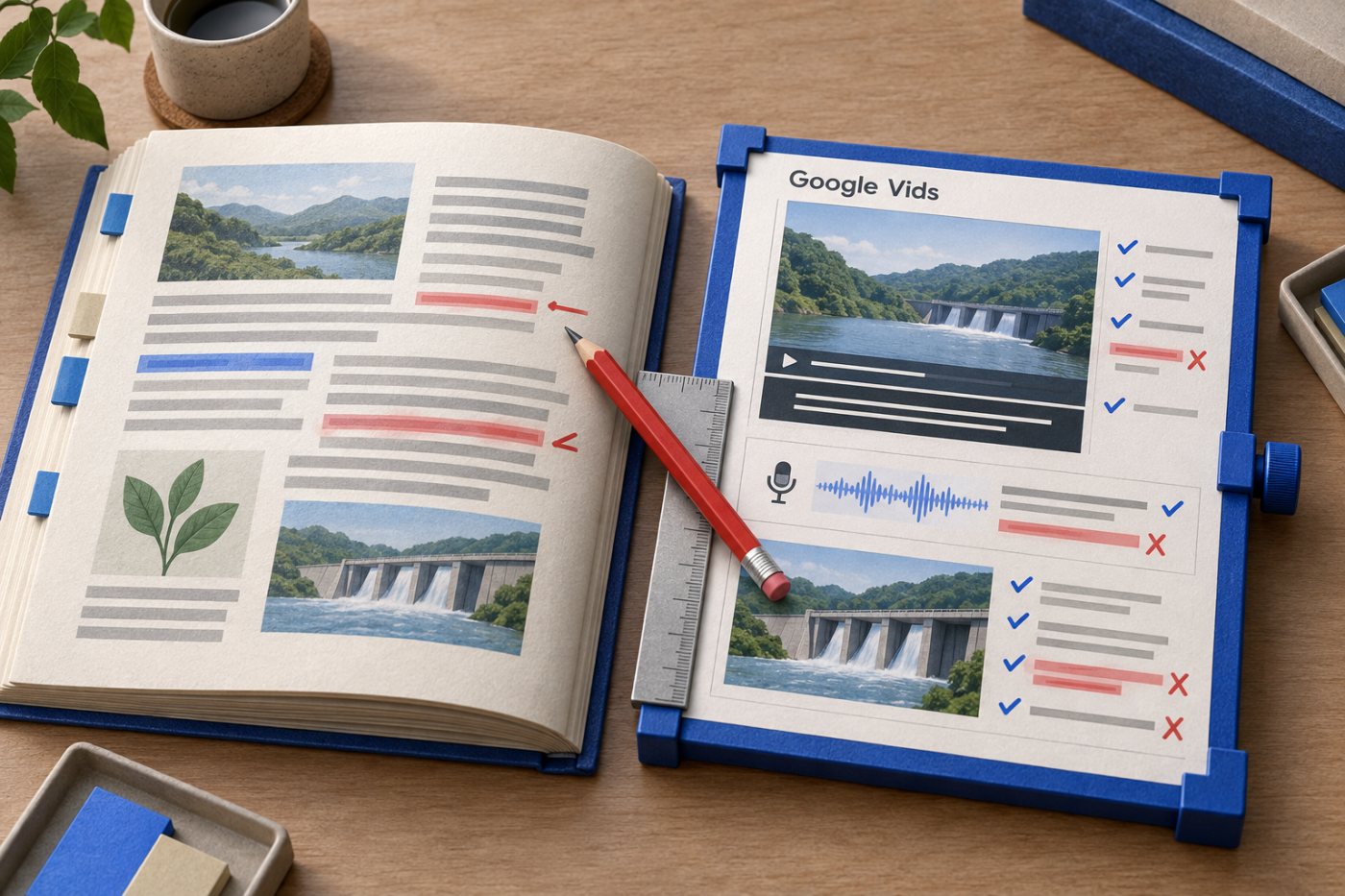 Source document-এর সঙ্গে Google Vids-এর AI script, সংখ্যা, উচ্চারণ ও visual যাচাই