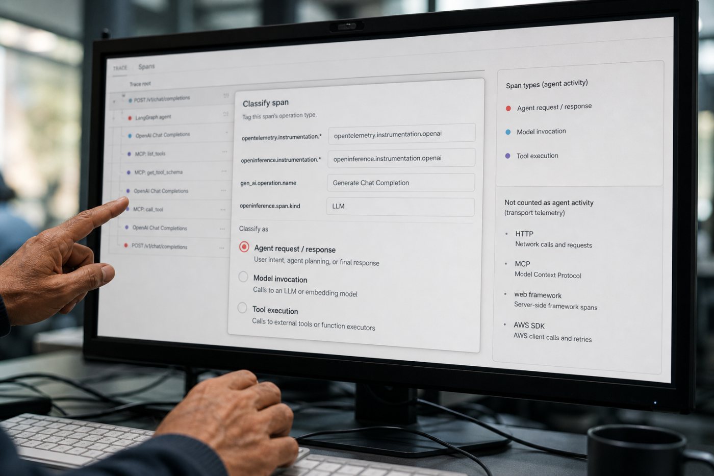 تصنيف عمليات الوكيل والنموذج والأداة في AgentCore عبر نطاقات OpenTelemetry وOpenInference المعترف بها مع استبعاد قياسات البنية التحتية.