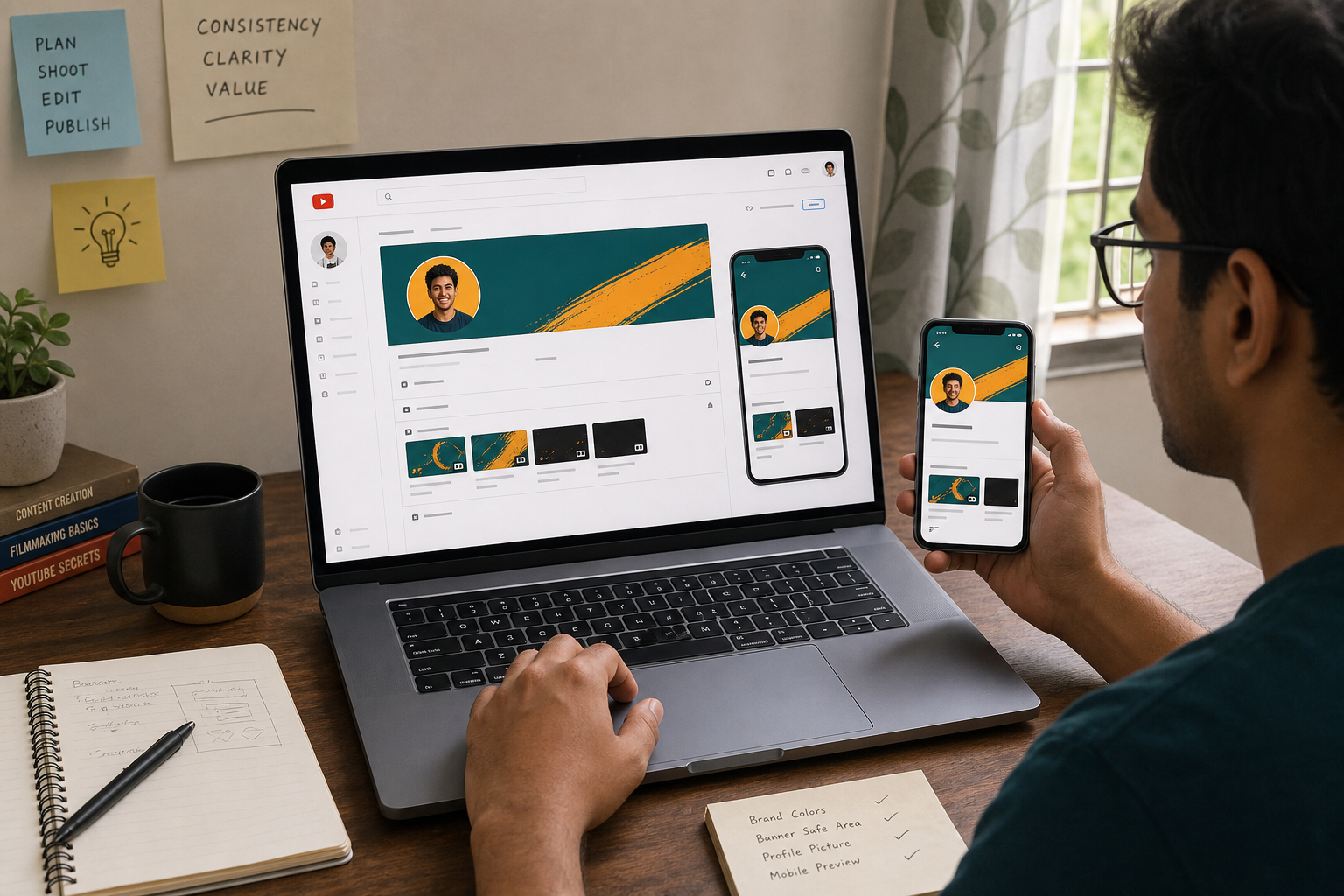 YouTube Studio में बैनर, प्रोफ़ाइल, विवरण और Home टैब से व्यवस्थित चैनल पृष्ठ
