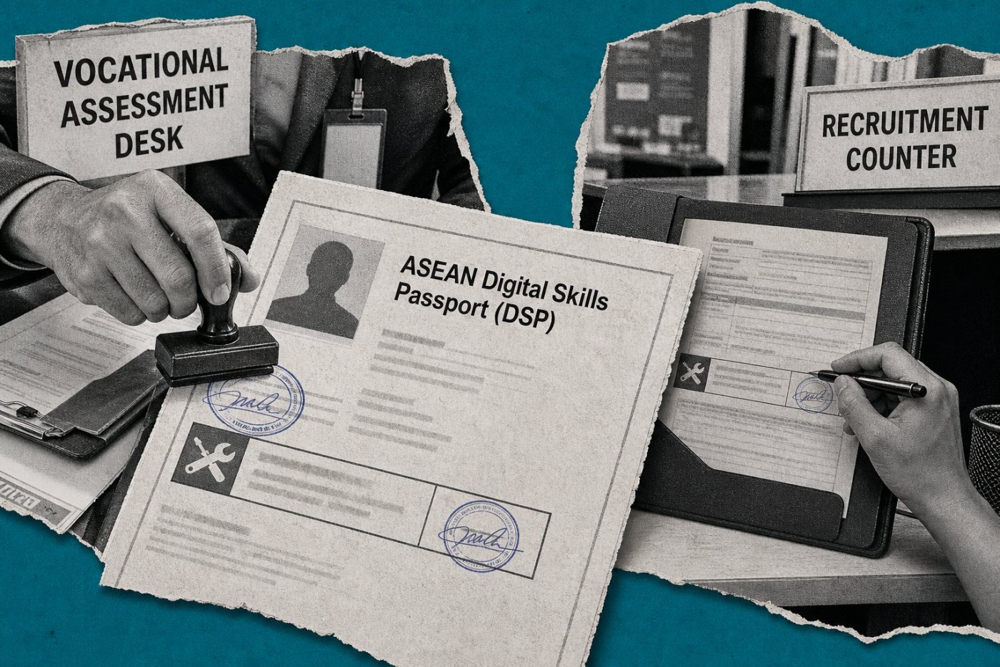 نتيجة تدريب مهني تنتقل عبر سجل رقمي من جهة تدريب إلى عملية توظيف في دولة أخرى من ASEAN.