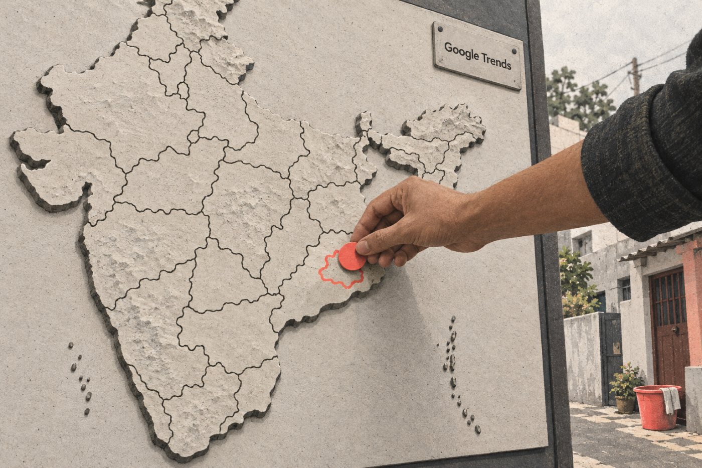 Google Trends में भारत की क्षेत्रीय रुचि को घरेलू सफाई सेवा के वास्तविक पहुँच क्षेत्र से मिलाने का विचार।