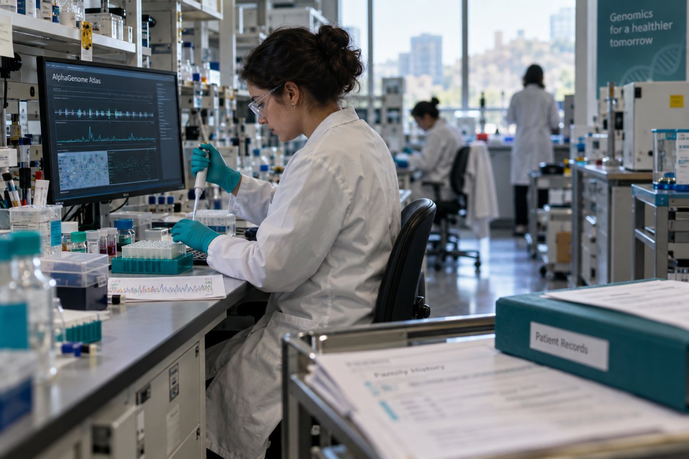 An AlphaGenome prediction leads to laboratory testing, while patient-level clinical evidence remains a separate requirement.