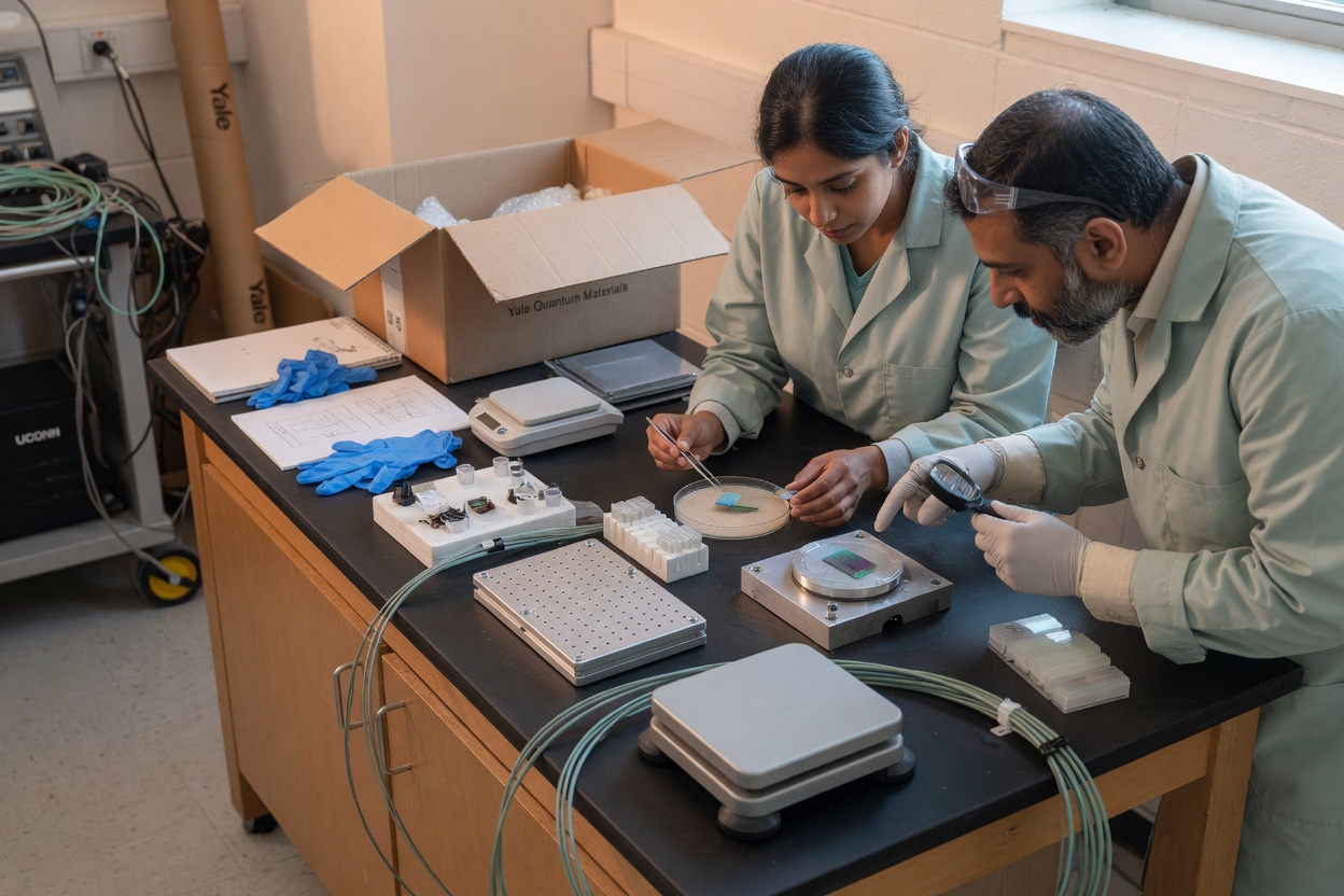 UConn and Yale researchers inspecting quantum research samples
