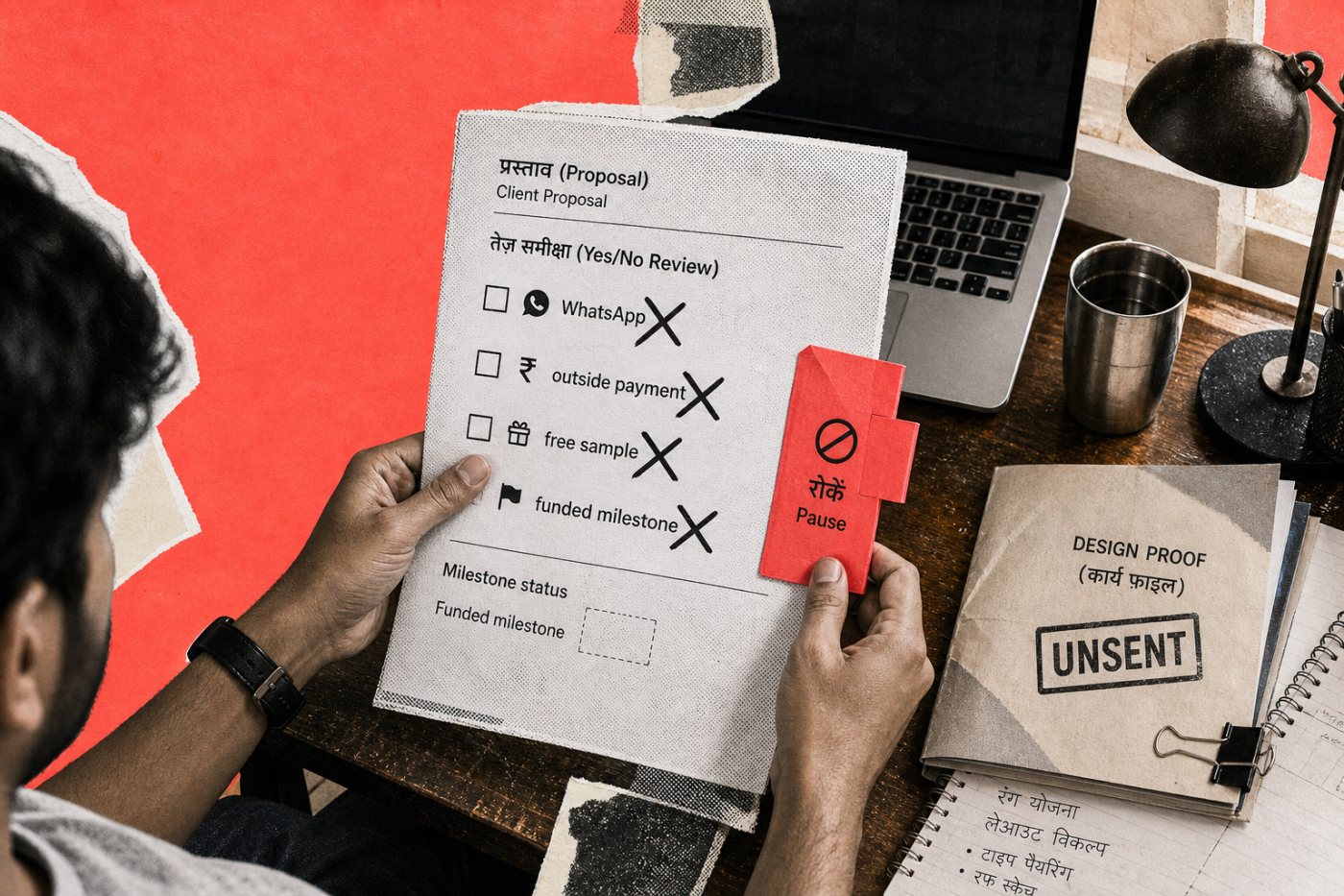 फ्रीलांसर Upwork प्रस्ताव में मुफ्त नमूना, बाहरी संपर्क और भुगतान की शर्तें जाँचकर स्वीकृति रोकता है।