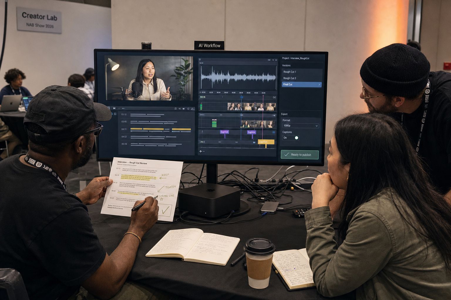 Creator workshop reviewing an AI-assisted transcript and video edit before human approval.