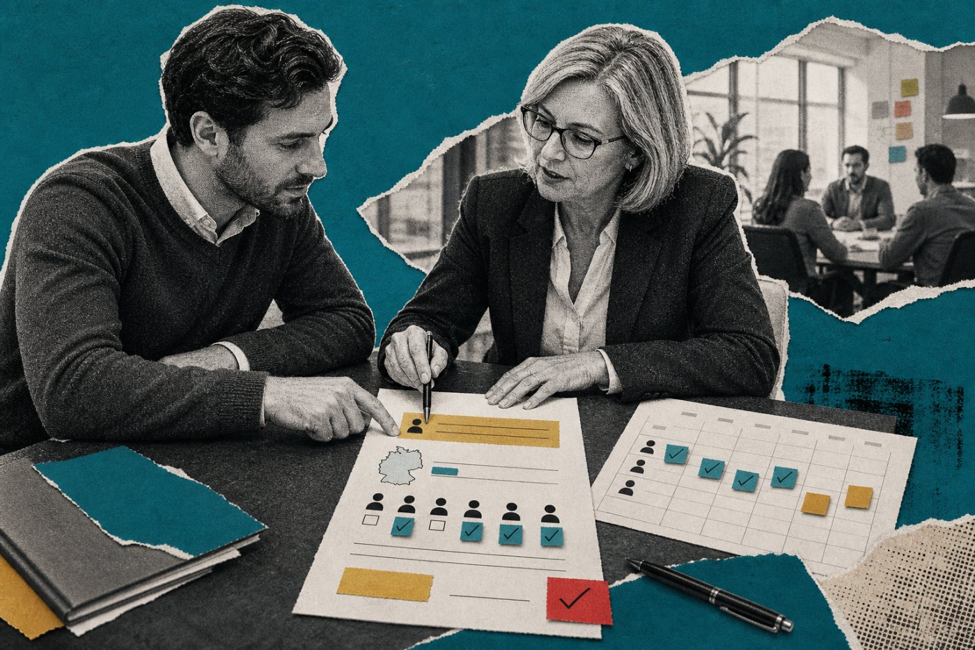 Bewerber und Personalverantwortliche klären mobile Arbeitstage, Präsenztage und vertragliche Verbindlichkeit.